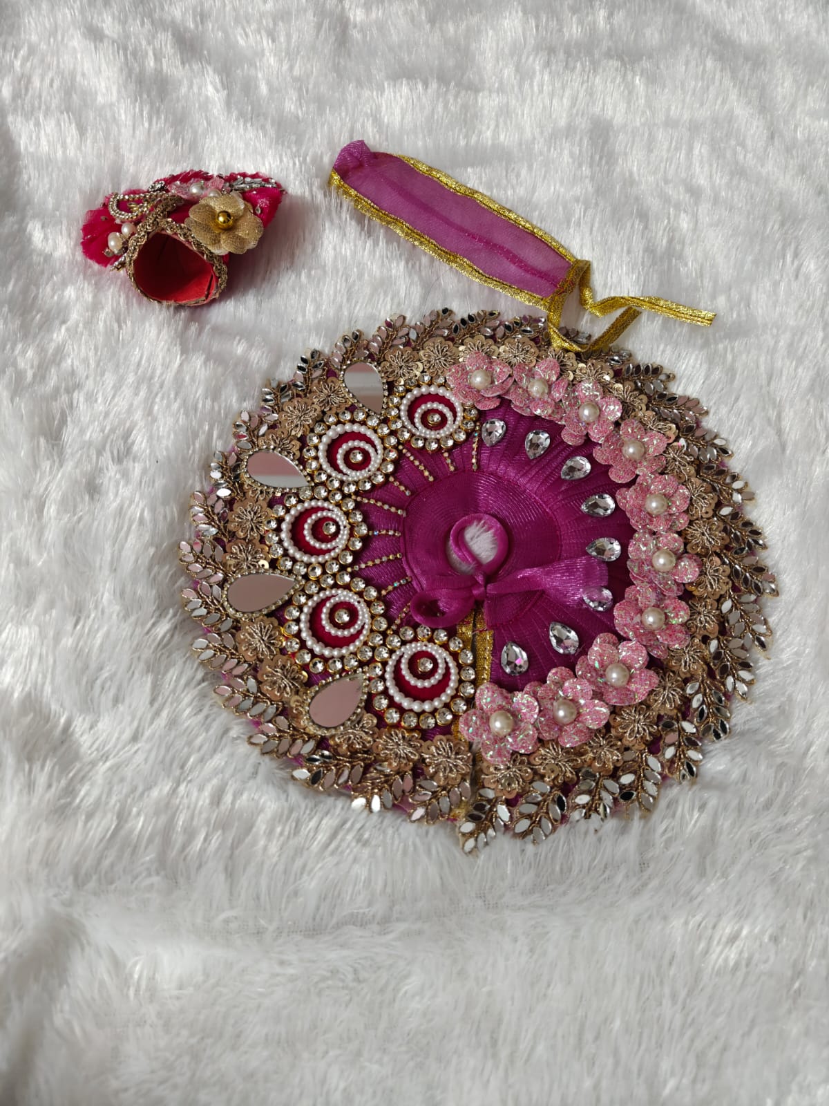 Premium Laddu Gopal Designer Poshak Set – Pink Floral Stone Work Dress